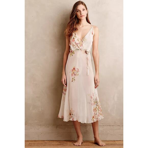 Anthro Flora Nikrooz Floral Chiffon Gown Nightie Slip Dress XS Peach Cream Pink - Picture 1 of 12